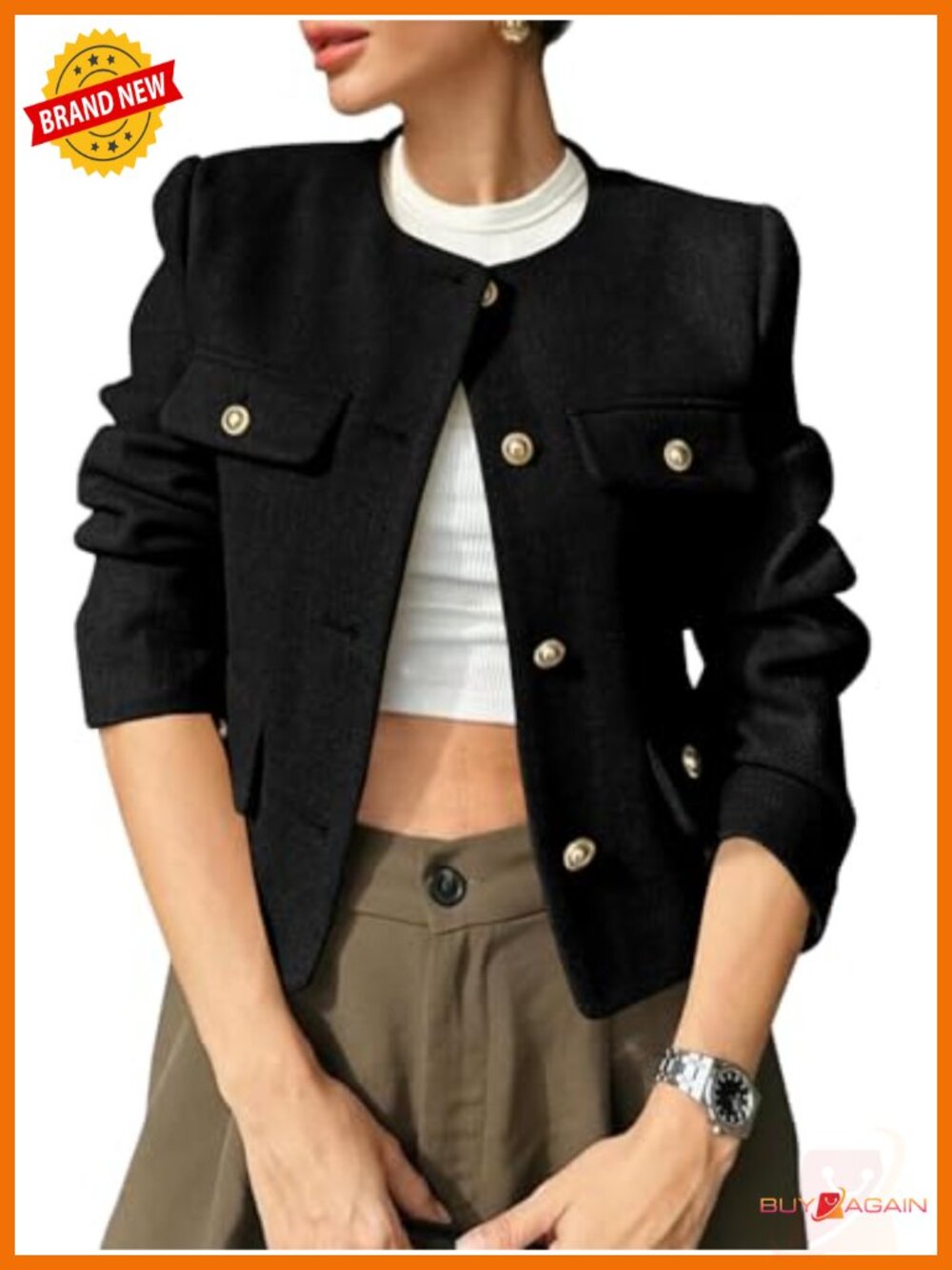Cropped Tweed Blazer Collarless Button Down Coat Long Sleeve Work Office